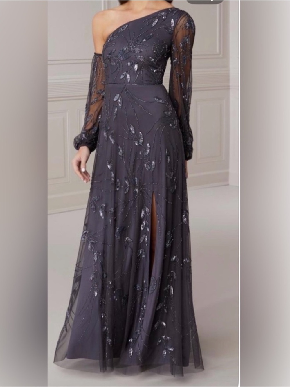 Adrianna Papell One-Shoulder Gunmetal gray Beaded Gown